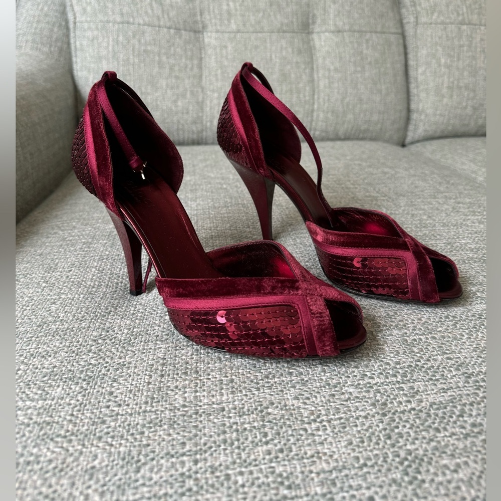 Gucci sequin, velvet and silk heeled sandals. Size 6 1/2.